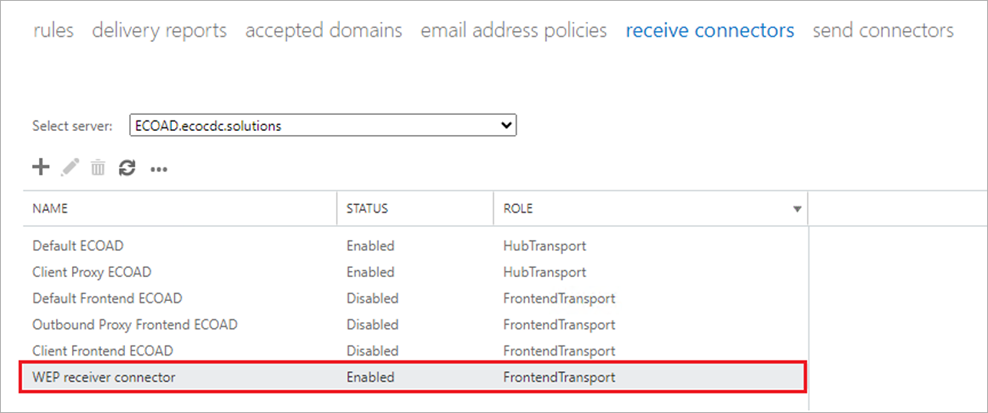 Screenshot of the Microsoft Exchange Receive Connectors page