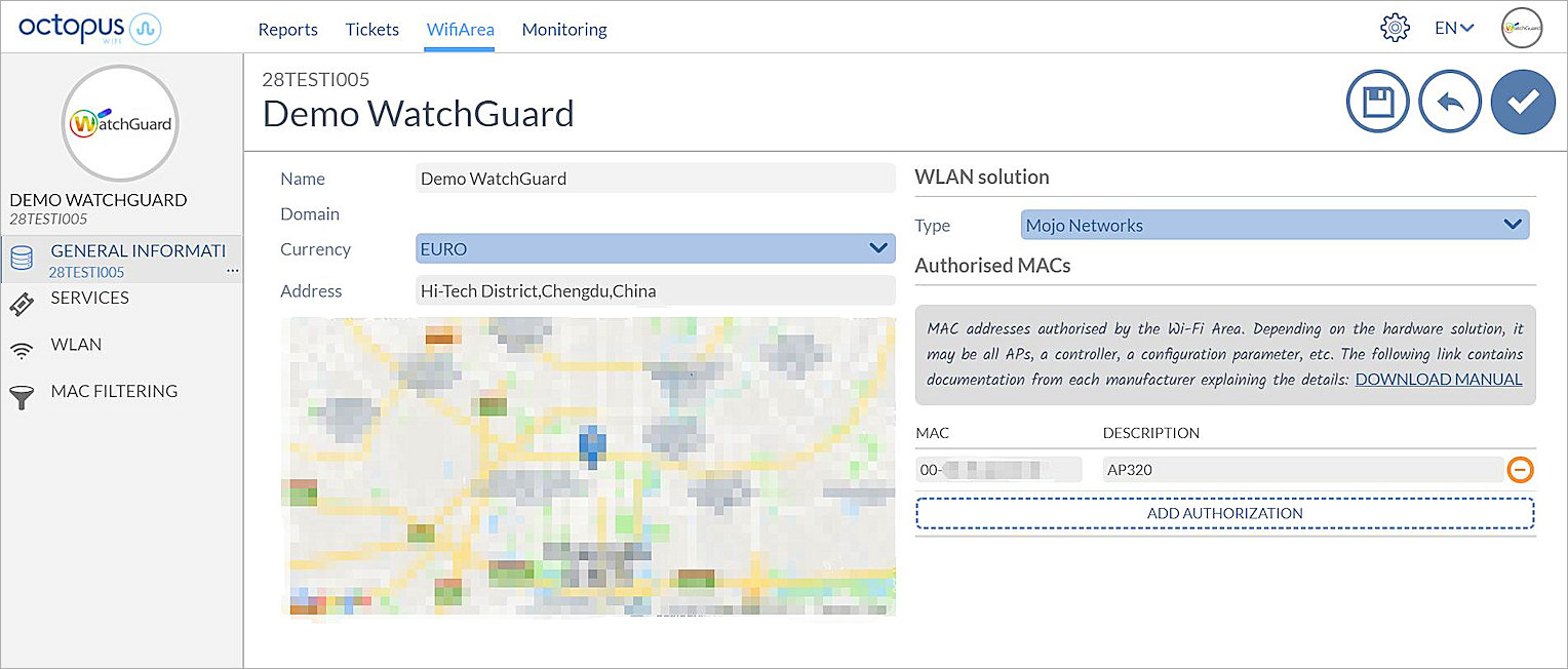 WifiArea configuration page