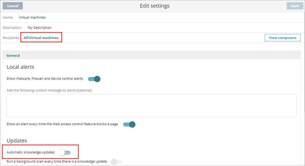 Screen shot of Per Computer Settings page, Recipients.