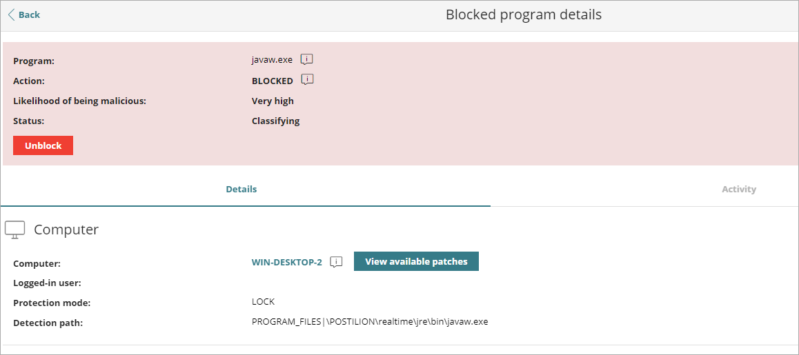 Screen shot of Current Blocked Program Details page