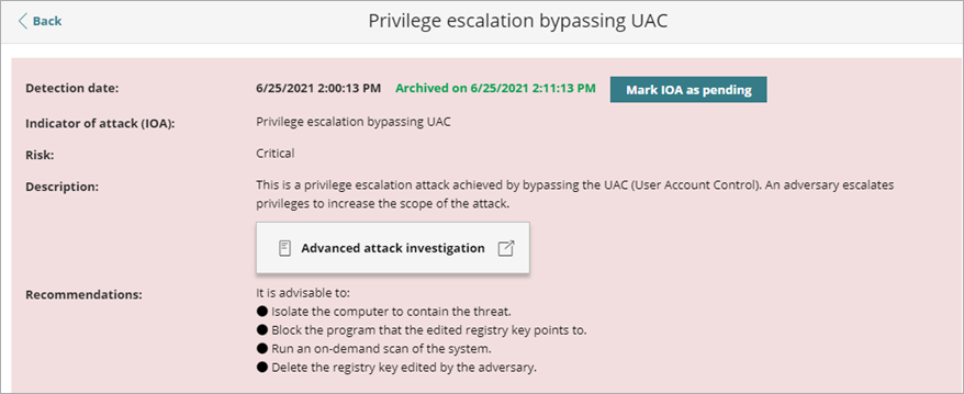 Screen shot of WatchGuard Endpoint Security, Indicators of Attack, Mark as Pending