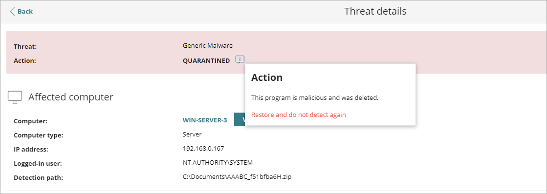 Screen shot of Threat Details page with pop-up