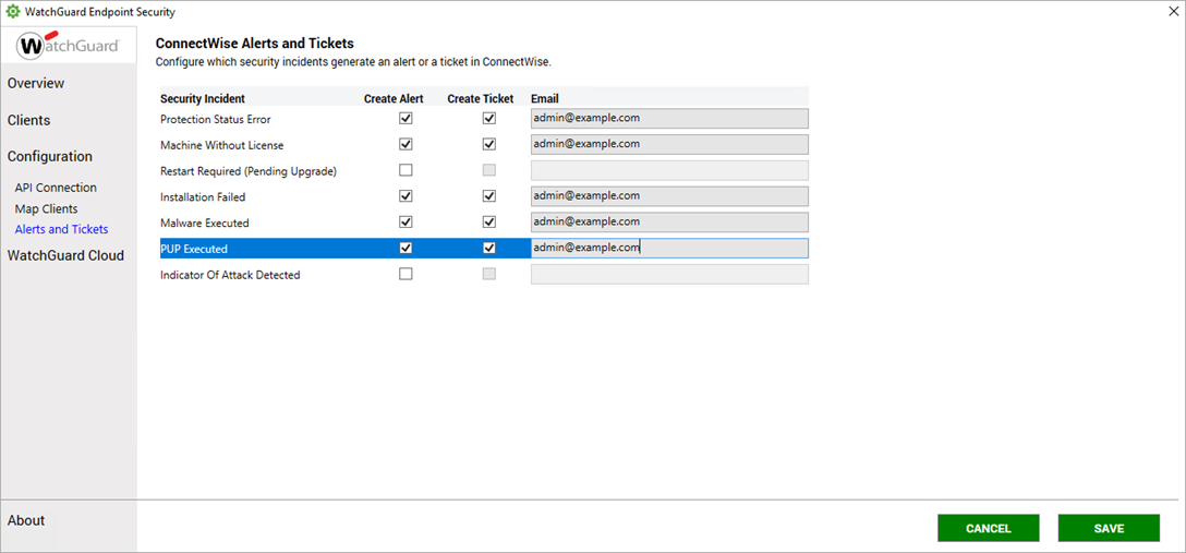 Screen shot of the WatchGuard Alerts page in the WatchGuard Endpoint Security plug-in