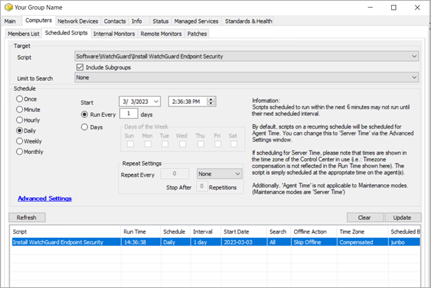 Screenshot of the Scheduled Scripts page in ConnectWise Automate