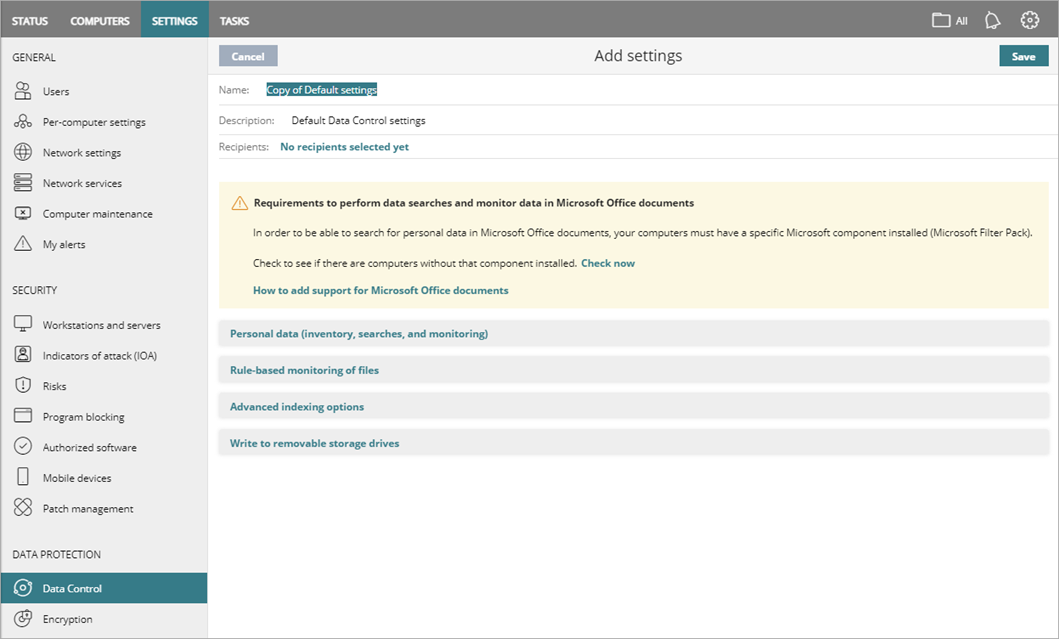 Screen shot of WatchGuard EPDR, Data Control settings