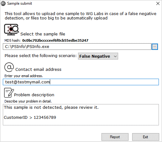 Screenshot of the PSInfo Sample Submit dialog box