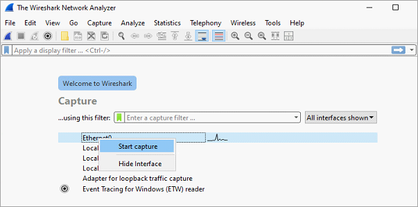 Screenshot of Wireshark application UI