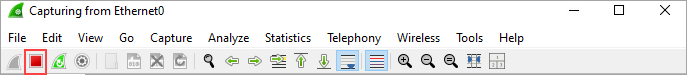 Screenshot of Wireshark application UI and stop button