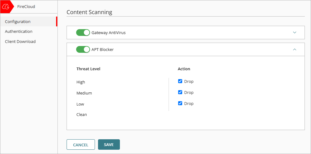 Screenshot of the Content Scanning page with APT Blocker enabled and expanded.