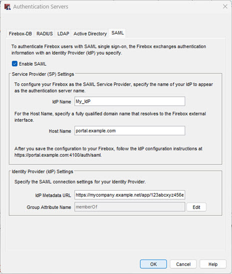 Screen shot of the SAML settings