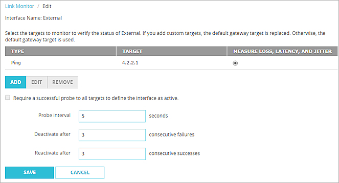 Screen shot of the Link Monitor settings for an external interface