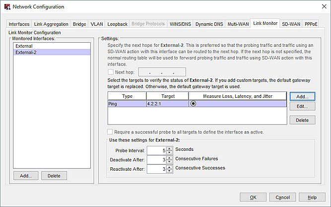 Screen shot of a custom link monitor target