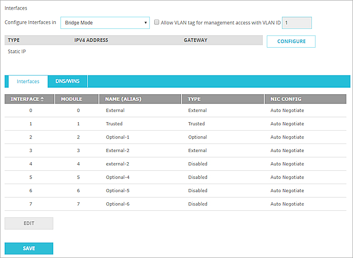 Screen shot of the Network Interfaces page, with bridge mode settings