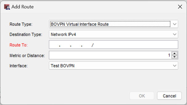 Screen shot of the Add Route dialog box for a BOVPN Virtual Interface Route