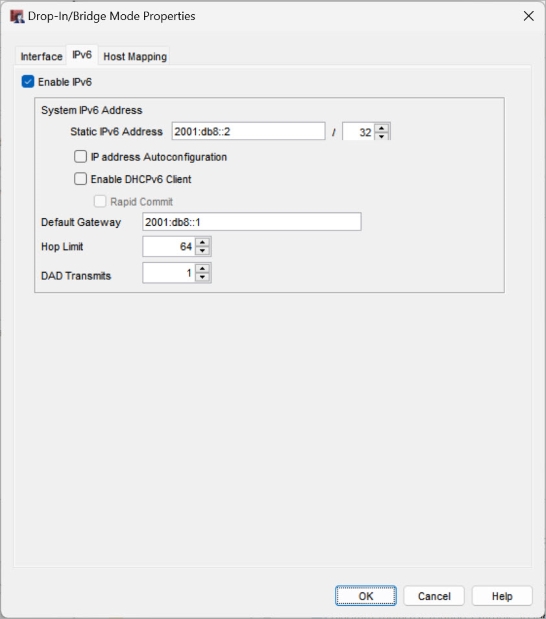 Screen shot of the Drop-In/Bridge Mode Properties window for IPv6