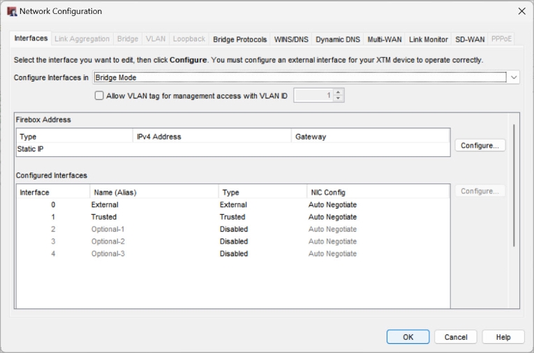 Screen shot of the Network Configuration dialog box, Transparent Bridge Mode