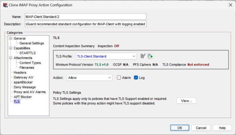 Screen shot of the TLS settings in an IMAP proxy action in Policy Manager