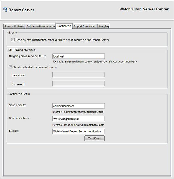 Screen shot of the Report Server Notification tab