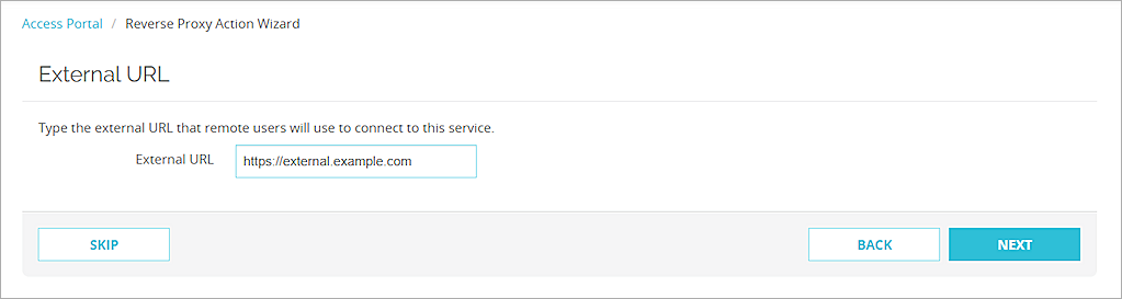 Screenshot that shows the External URL page of the wizard.