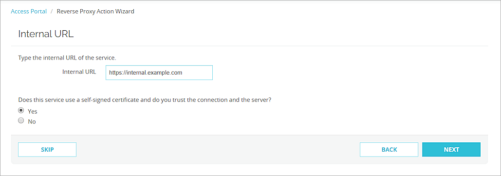 Screenshot that shows the Internal URL page of the wizard.