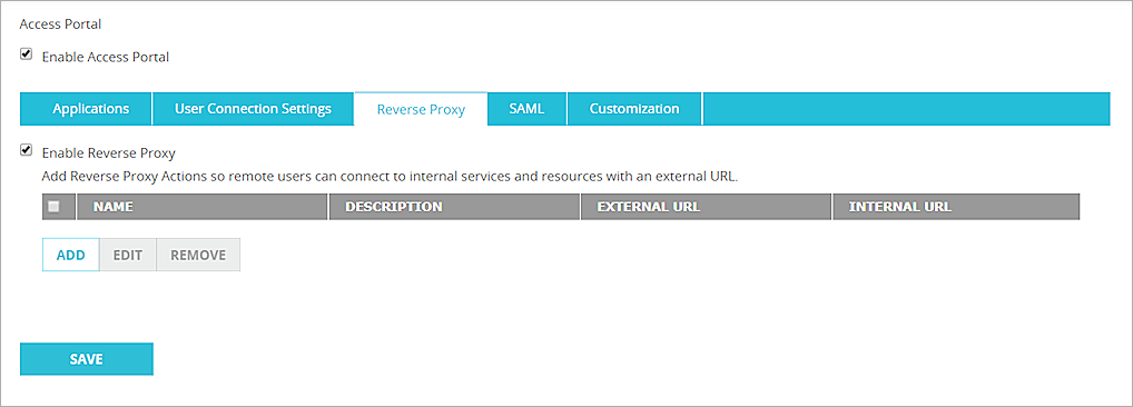 Screenshot of the settings on the Reverse Proxy tab.