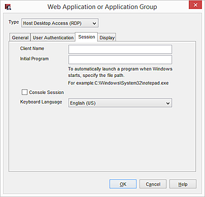Screen shot of the RDP session settings