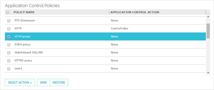 Screen shot of the Application Control Policies section of the Application Control page