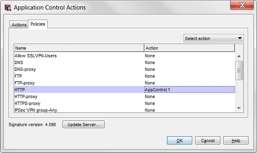 Screen shot of the Application Control Actions dialog box, Policies tab