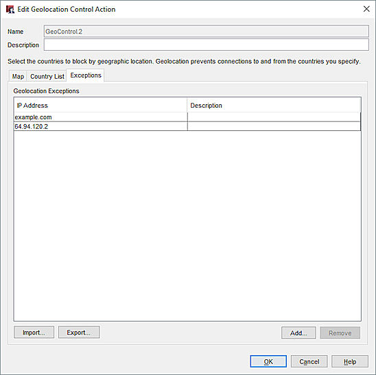 Screen shot of Geolocation exceptions list in Policy Manager.