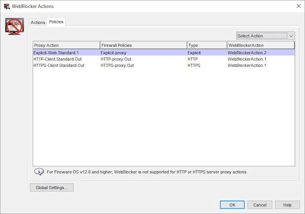 Screen shot of the WebBlocker Actions dialog box, Policies tab.