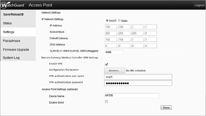 Screen shot of the Network Settings page in AP local UI