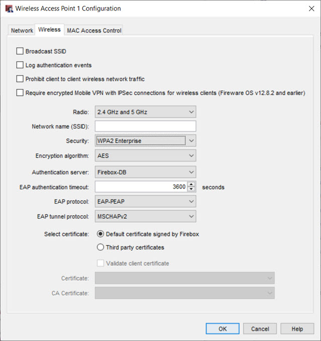 Screen shot of wireless settings page