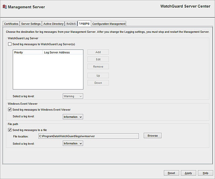 Screen shot of the Management Server Logging tab