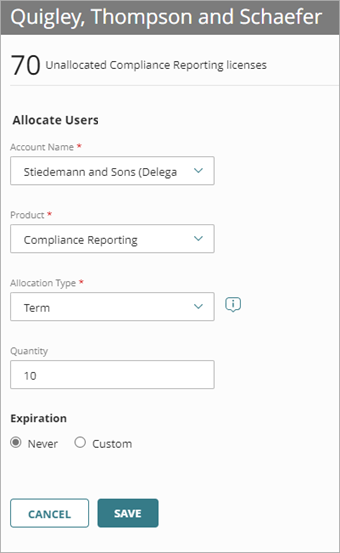 Screen shot of Allocation Users dialog box for Compliance Reporting