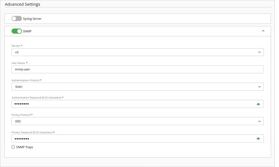 Screen shot of the SNMP configuration for access points managed by WatchGuard Cloud