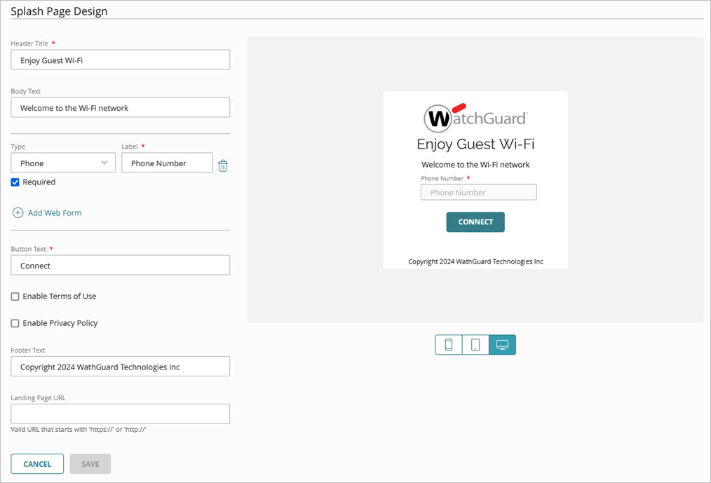Screenshot of the Splash Page Design page for an Access Point Captive Portal