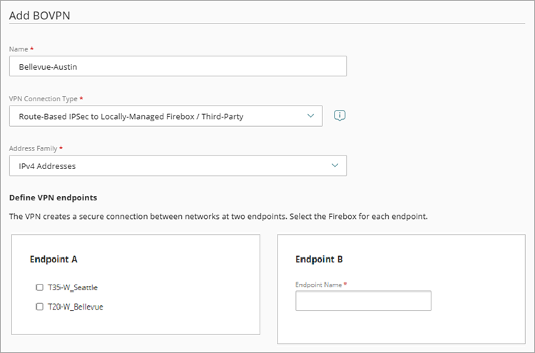 Screen shot of the Add BOVPN page with Locally-Managed Firebox or third-party VPN endpoint selected