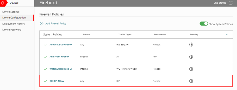 Screen shot of Firewall policies.