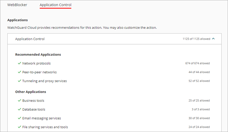 WatchGuard Cloud screen shot of Application Control tab