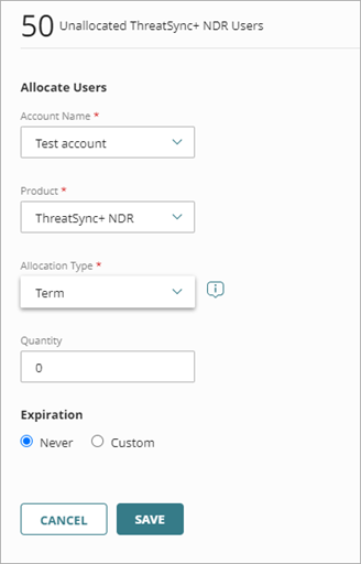 Screen shot of Inventory allocation for ThreatSync+ NDR term users, WatchGuard Cloud