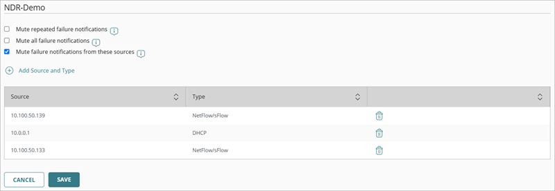 Screenshot of the added sources to mute failure notifications