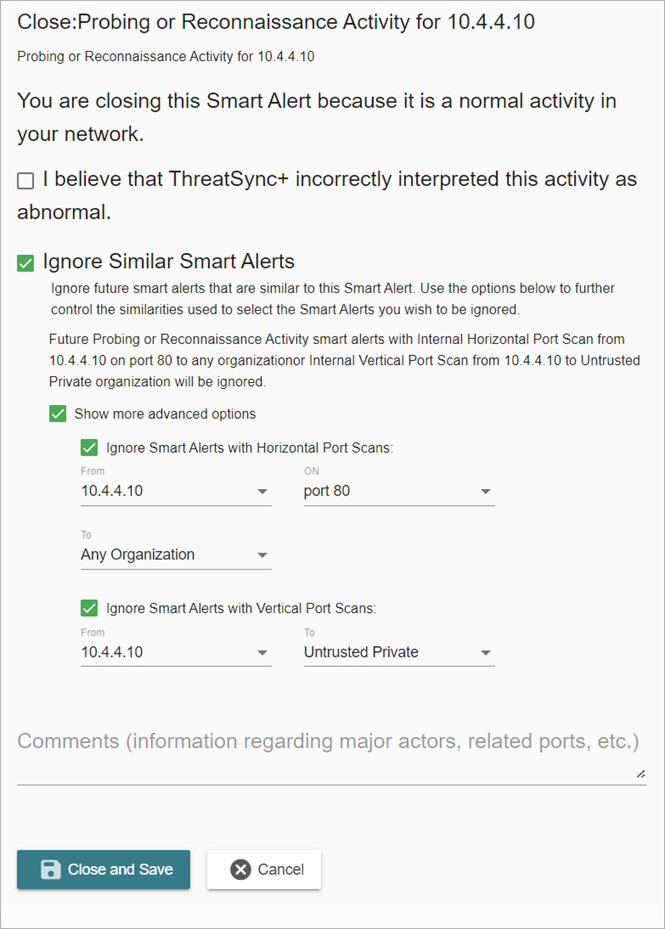 Screenshot of the Close a Smart Alert Wizard that shows the Include similar Smart Alerts check box