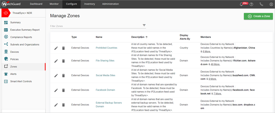 Screenshot of the Manage Zones page in ThreatSync+ NDR