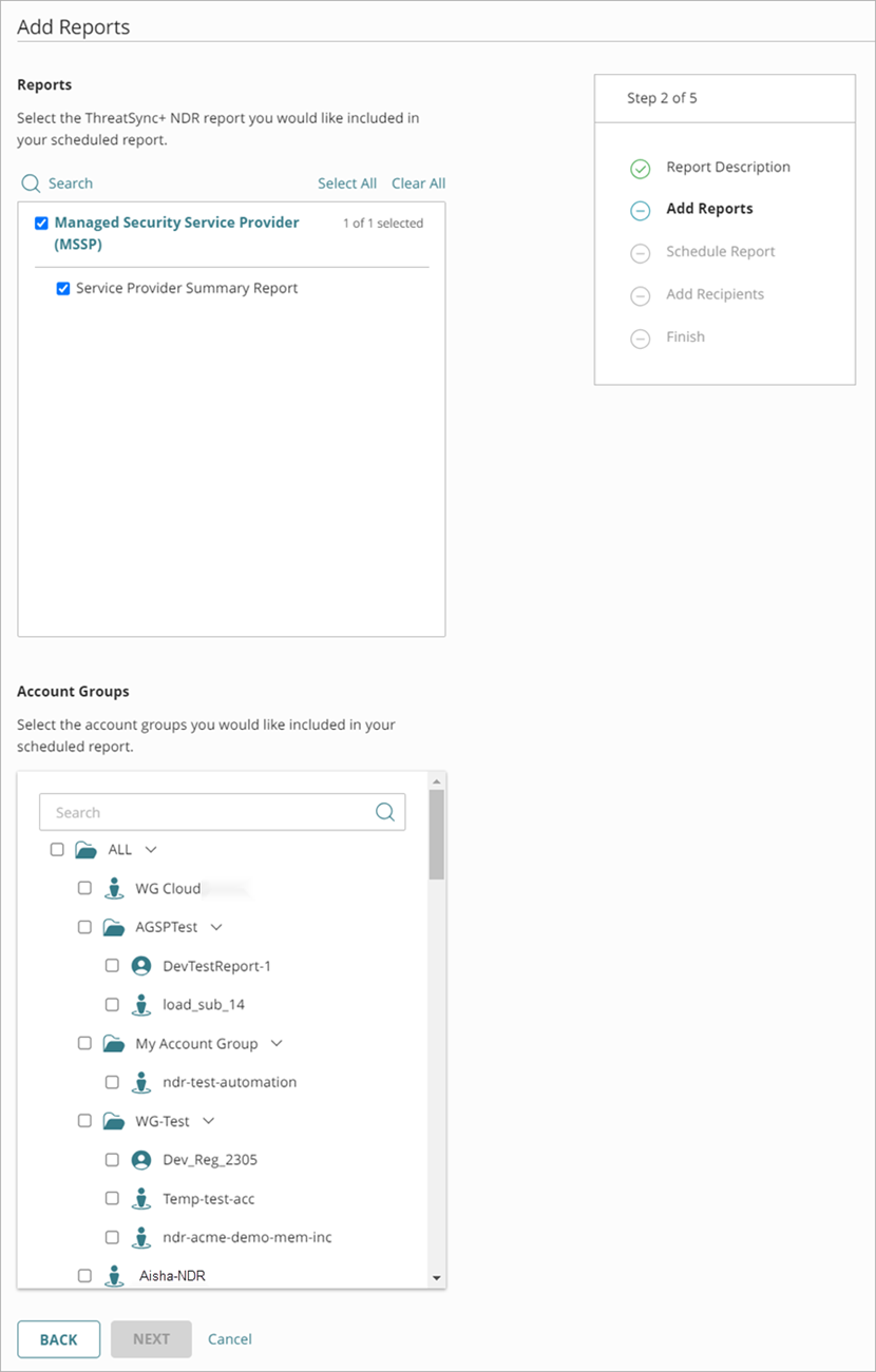 Screenshot of the Add Reports page in the Add a Scheduled Report Wizard for Service Providers, step 2