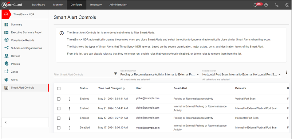 Screenshot of the Smart Alert Controls page in the Configure menu in ThreatSync+ NDR