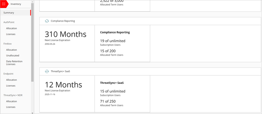 Screenshot of Inventory Summary for ThreatSync+ SaaS, WatchGuard Cloud