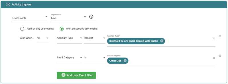 Screenshot of the Activity Triggers section on the Policy Details page for a SaaS Level 1 policy