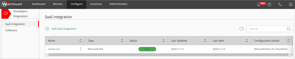 Screenshot of a successful SaaS integration added to ThreatSync+ SaaS that shows the Active status