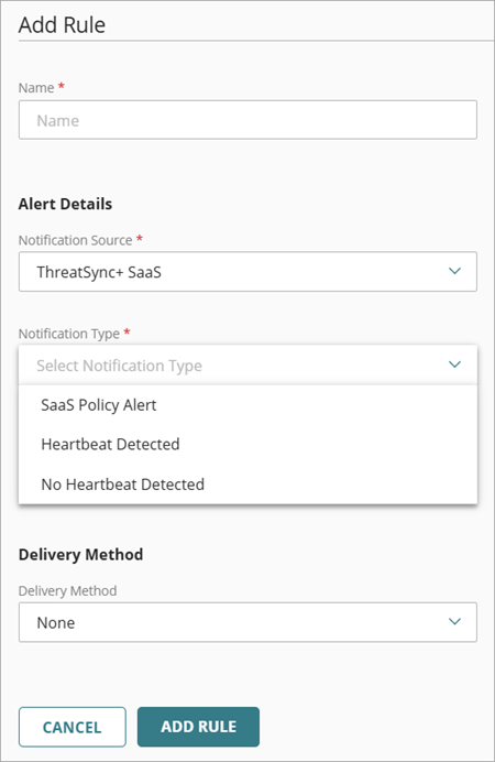 Screenshot of the Add Rule page for ThreatSync+ SaaS in WatchGuard Cloud