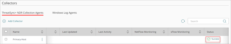 Screenshot of the Success status of the collector on the ThreatSync+ NDR Collection Agents tab